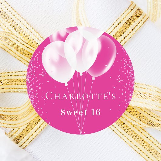Sticker Rond Anniversaire rose ballons blanc fille