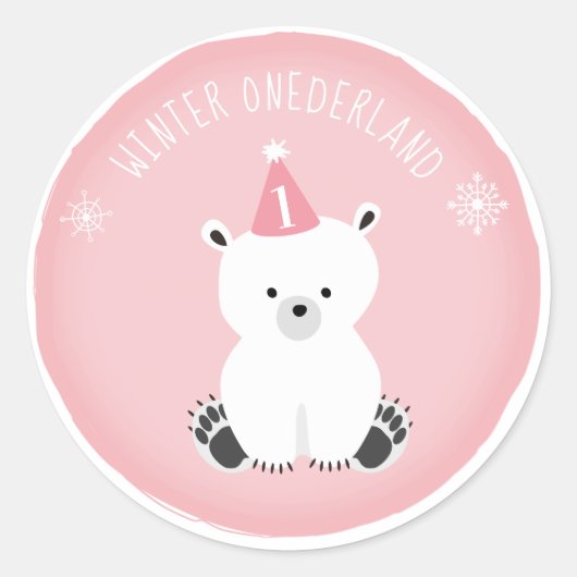 Sticker Rond Anniversaire rose d'Onederland d'hiver d'ours (Devant)