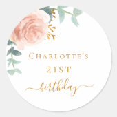 Sticker Rond Anniversaire rose or fleuri eucalyptus verdure (Devant)