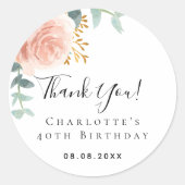 Sticker Rond Anniversaire rose or floral eucalyptus merci (Devant)