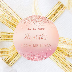 Sticker Rond Anniversaire rose or rose parties scintillant nom