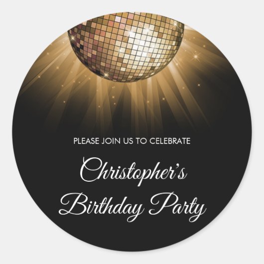 Sticker Rond Anniversaire Soirée Gold Sparkle Disco Ball (Devant)