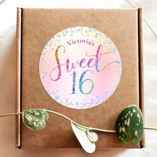 Sticker Rond Anniversaire Sweet 16 Arc-en-Ciel Paillettes Confe