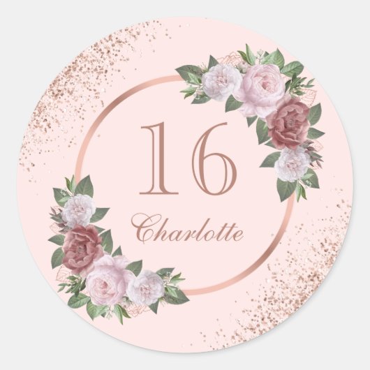 Sticker Rond Anniversaire Sweet 16 Rose Gold Fleurs (Devant)