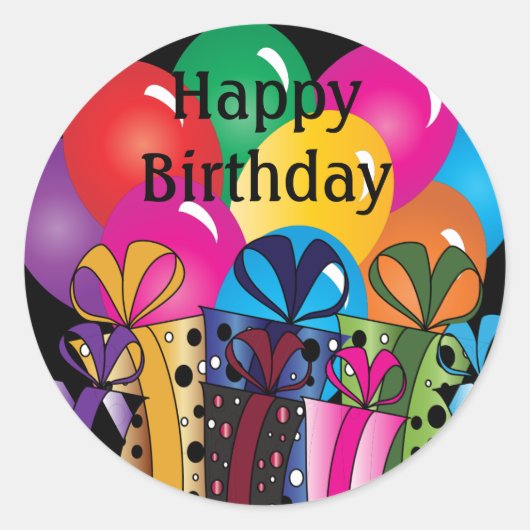 Sticker Rond Anniversaire très heureux | Ballons et cadeaux col (Devant)