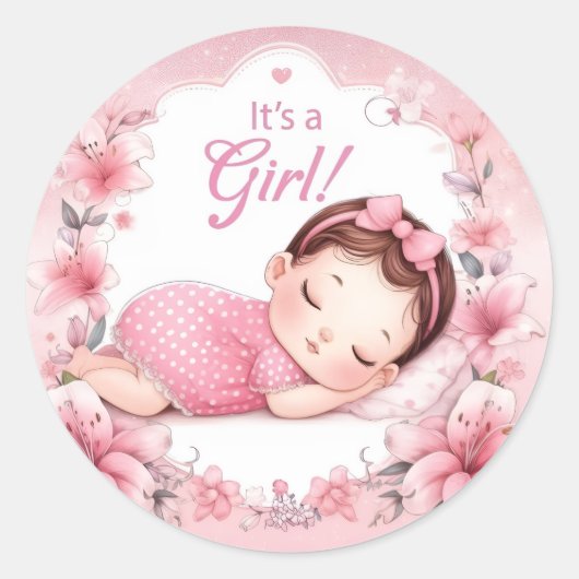 Sticker Rond Annonce de naissance de bébé fille mignonne (Devant)