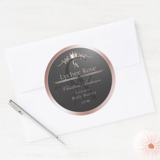 Sticker Rond Anthracite Product Label Rose Gold Frame Monogram (Enveloppe)