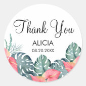 Sticker Rond Anthurium rose et Merci de Monstera à la flore tro (Devant)