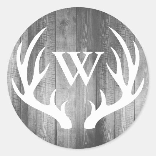 Sticker Rond Antlers de Cerfs Rustiques Gris Gris Grange Bois | (Devant)