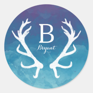 Sticker Rond Antlers de cerfs rustiques Monogramme Aquarelle bl