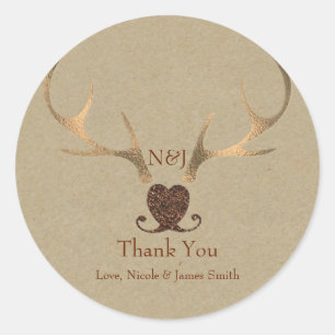 Sticker Rond Antlers en or et mariage Brown en papier Favoriser