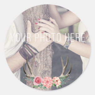 Sticker Rond Antlers Floraux Souvenir de Mariage Rustique Photo