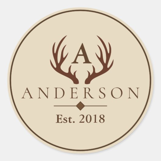 Sticker Rond Antlers rustiques Brown de cerfs et nom de famille (Devant)