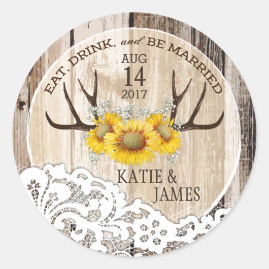 Sticker Rond Antlers rustiques Fleurs de soleil Mariage de pays (Devant)