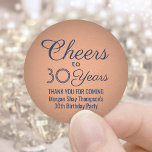 Sticker Rond ANY Birthday Cheers Navy Blue and Copper Faux Foil<br><div class="desc">Add a personalized finishing touch to birthday party thank you notes or favors with custom navy blue and faux copper foil round stickers / enveloppe seals. Tout est simple to customize or delete. This template is set up for a 30th birthday, but can easily changed to another year or event,...</div>