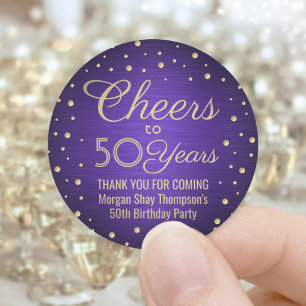 Sticker Rond ANY Joyeux Anniversaire Brushed Violet et Or Confe