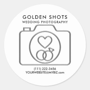 Sticker Rond Appareil photo argenté Cœur et anneaux de mariage 