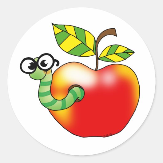 Sticker Rond Apple et ver, de nouveau à l'école (Devant)