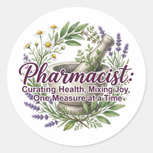 Sticker Rond Appréciation du pharmacien mélangeant la joie