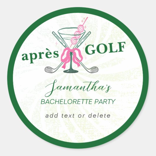 Sticker Rond Aprés Golf Martini Coquette Bow Bachelorette Party (Devant)