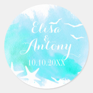Sticker Rond Aqua aquarelle, mariage d'étoiles de mer Enregistr