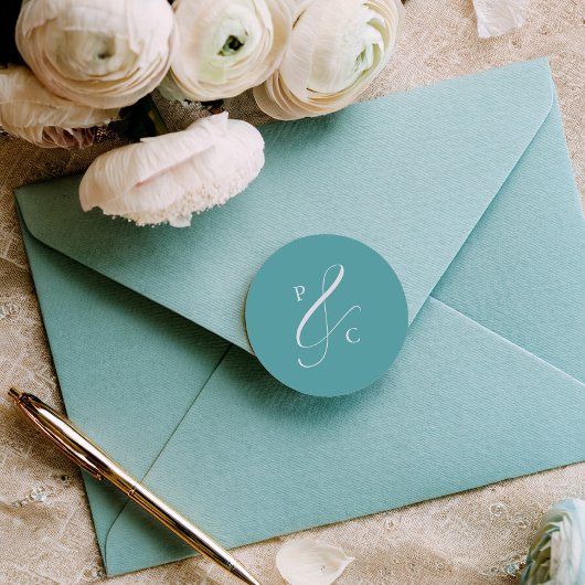 Sticker Rond Aqua Blue Ampersand Monogram Envelope Seals