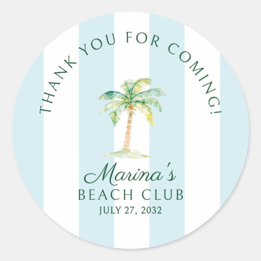 Sticker Rond Aqua Blue Cabana Stripes Palm Beach Club Merci (Devant)