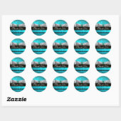 Sticker Rond AQUA BLUE GEMSTONE, BLANC DAMASK RIBBON Merci (Feuille)