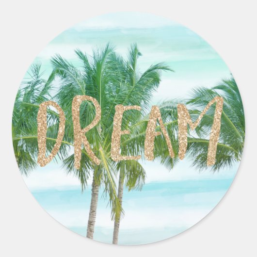 Sticker Rond Aqua Blue Mint White Palm Trees Parties scintillan (Devant)