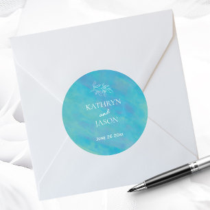 Sticker Rond Aqua Blue Ocean Mariage Nom personnalisé