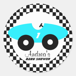 Sticker Rond Aqua Blue Race Car Baby shower