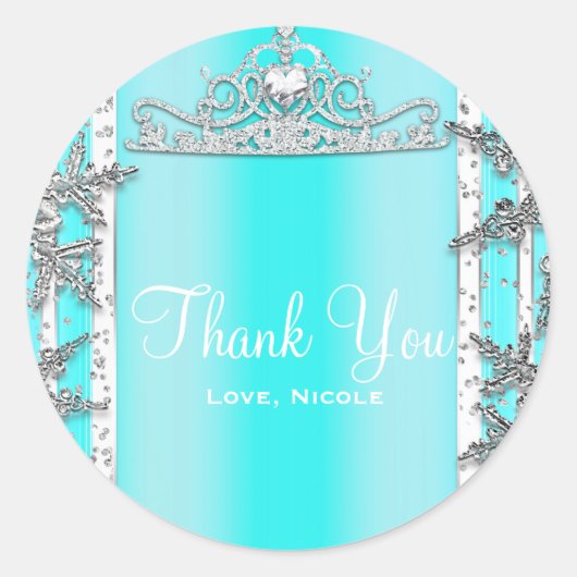 Sticker Rond Aqua Blue & Silver Winter Snowflakes Sweet 16 (Devant)