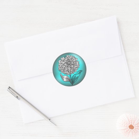 Sticker Rond Aqua et Fleur Turquoise (Enveloppe)