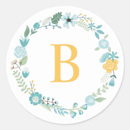 Sticker Rond Aqua et Yellow Monogramme Floral Wreath (Devant)