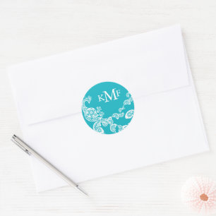 Sticker Rond Aqua Floral Paisley White Peacock Wedding Favorise