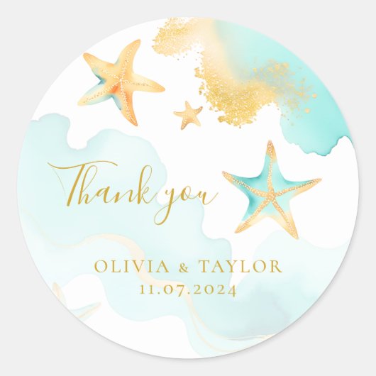 Sticker Rond Aqua & Gold Starfish Beach Merci Mariage Faveur (Devant)