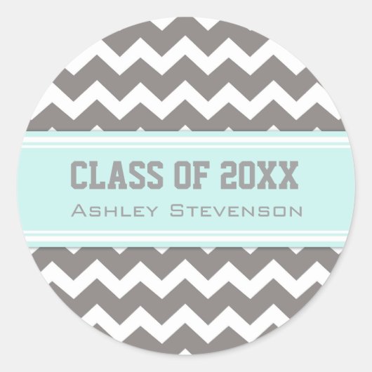 Sticker Rond Aqua Grey Chevrons Graduation Nom personnalisé (Devant)