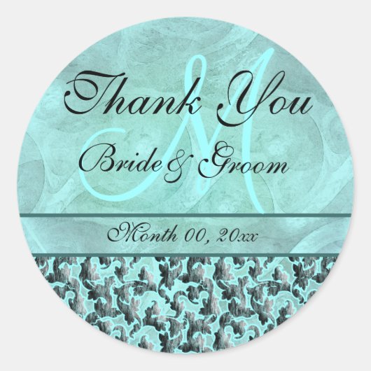 Sticker Rond Aqua gris "merci" mariage damask (Devant)