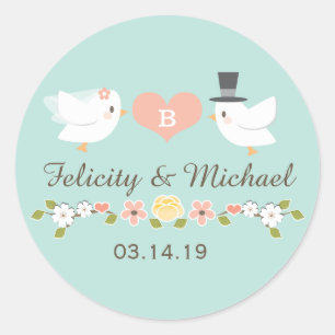 STICKER ROND AQUA MONOGRAM DOVE INSÉPARABLES MARIAGE