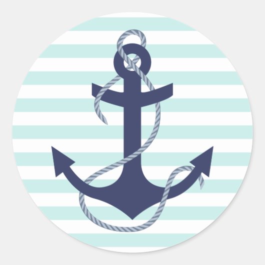 Sticker Rond Aqua nautique et rayures blanches Marine Ancre ble (Devant)