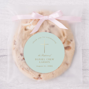 Sticker Rond Aqua Simple Elegant Gold Cross Baptism Christening