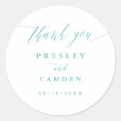Sticker Rond Aqua Thank You Wedding Calligraphy Favor Labels (Devant)