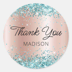 Sticker Rond Aqua Turquoise Pailleté Rose Or Shimmer Merci