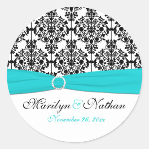 Sticker rond Aqua, White et Black Damask 1,5 pouce