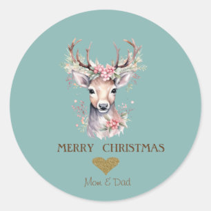 Sticker Rond Aquarelle adorable renne Holly Berry, Coeur