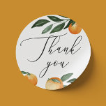 Sticker Rond Aquarelle agrumes orange script mariage merci<br><div class="desc">Aquarelle agrumes merci sticker avec orange,  verdure et élégant script pour mariage de jardin botanique. Convient pour Anniversaire / Anniversaire / Dîner de répétition / Fête des mariées / Bachelorette party. Veuillez me contacter si vous avez besoin d'autres articles.</div>