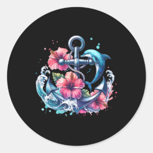 Sticker Rond Aquarelle Ancre florale Dauphin Anim marin nautiqu