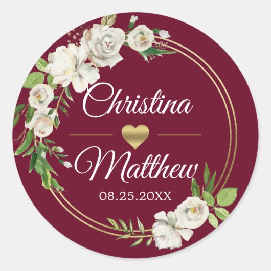 Sticker Rond Aquarelle Antique Blanc Floral Bourgogne MARIAGE (Devant)