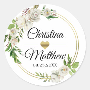 Sticker Rond Aquarelle Antique Blanc Or Floral MARIAGE