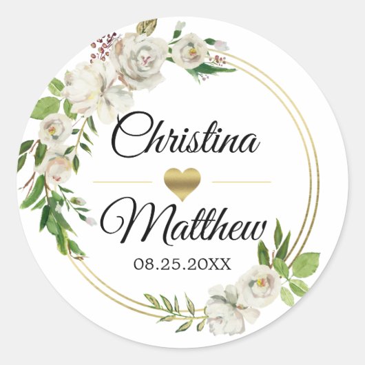 Sticker Rond Aquarelle Antique Blanc Or Floral MARIAGE (Devant)